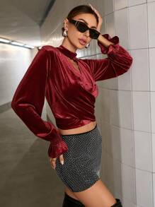 SHEIN Privé Áo crop top tay dài nhung bóng thanh lịch kiểu Pháp cho nữ, mùa thu - Đỏ - Xem 6