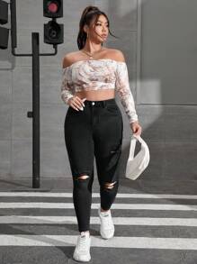 SHEIN ICON Jeans informales de talla grande para mujer con diseño de bolsillos desgastados y silueta ajustada - Azul lavado medio - Ver 5