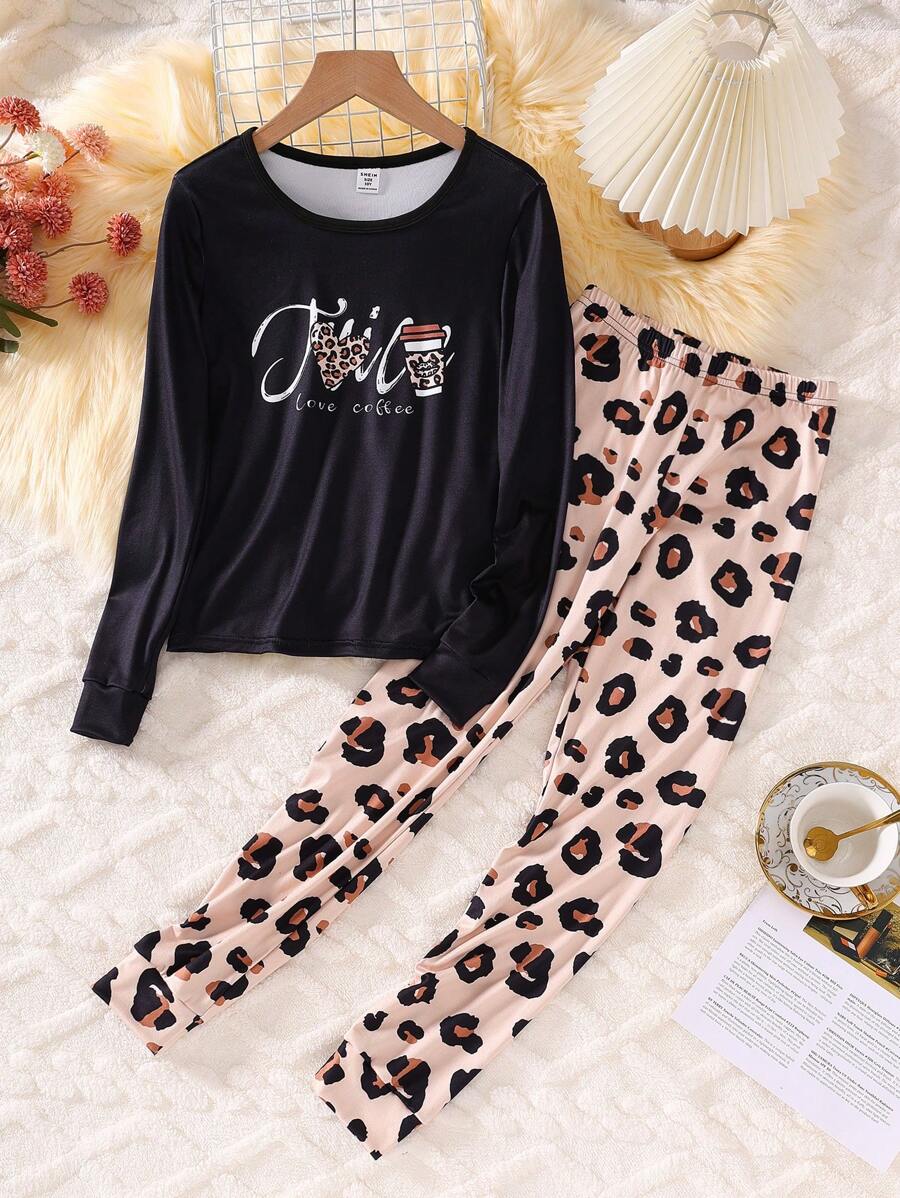 Girls Leopard Print, English Letter & Coffee Cup Graphic Snug Fit Pants, Animal Pattern Homewear - Multicolor - View 1
