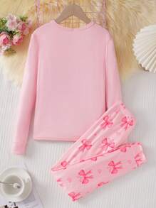 Tween Girl 紧身睡衣套装，带蝴蝶印花 - 长袖上衣和裤子 - 粉色 - 查看 2