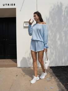 INAWLY 2 件女式不对称领宽松长袖上衣和短裤休闲套装，春秋季