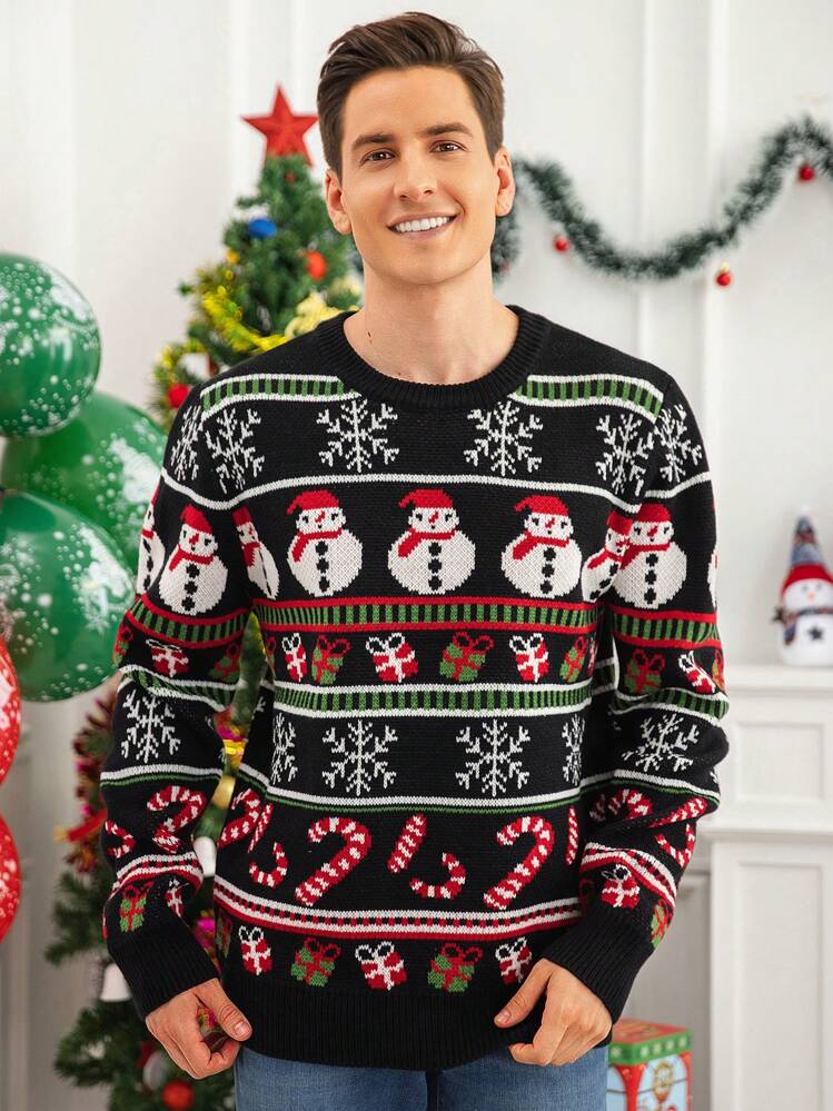 Manfinity Homme Men's Casual Christmas Snowman & Snowflake Pattern Knit Long Sleeve Graphic Colorful Pullover Sweater, For Party, Friends - Multicolor - View 3