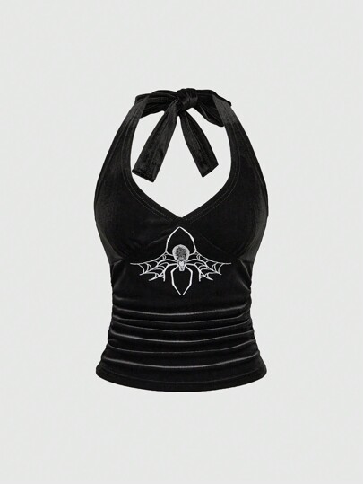 Top sin mangas con estampado de araña y nudo en la espalda, estilo informal para mujer