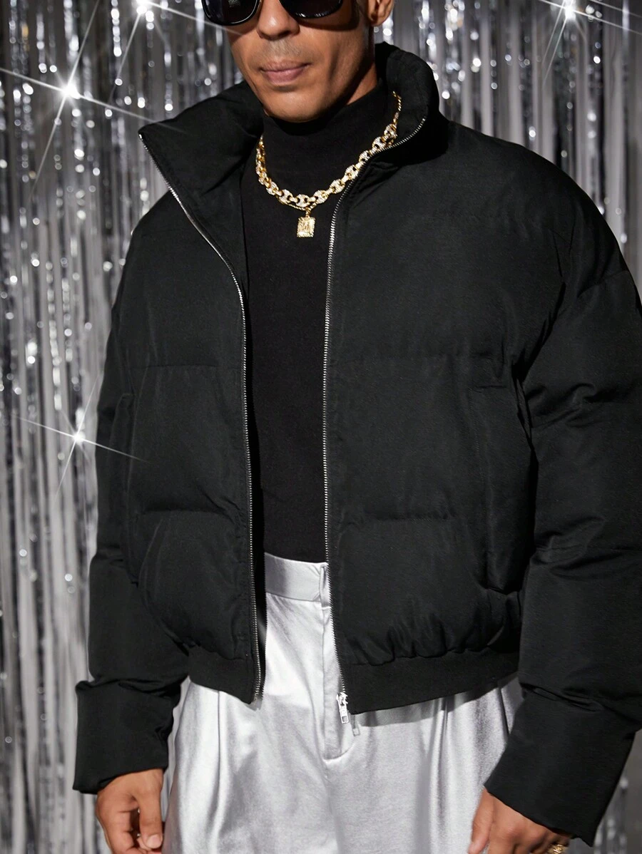 Manfinity VCAY 男士时尚休闲日常奢华修身 PU 皮革饰边加厚外套，派对时尚黑色绗缝冬季外套，适合朋友、丈夫、男朋友的礼物 - 黑色 - 查看 1