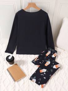 2 stuks/set Tween Girl drankfles grafische contrasterende kleur broek & ronde hals lange mouw top brandvertragende loungewear set