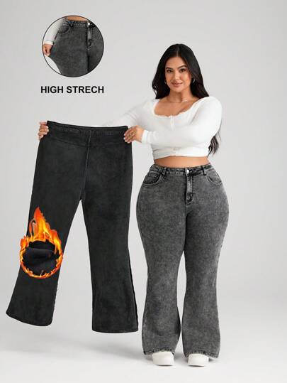 SHEIN CURVE+ Gray Plus Size Jeans, Skinny Stretch Flared Pants Lined For Added Warmth