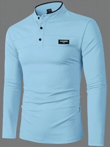 Manfinity Homme 男士休闲字母印花长袖 Polo 衫，适合通勤，秋季 - 淺藍色 - 查看 3