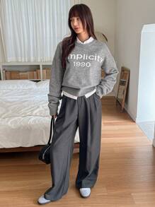 Dazy-Less 1 件女士休闲字母图案落肩宽松套头毛衣，不含衬衫，秋季服装