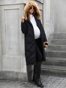SHEIN Maternity Winter Casual Drawstring Waist Patch Pocket Fluffy Hooded Long Coat - Black - View 8