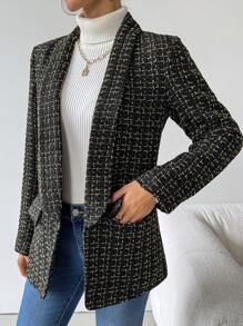 Chiquease 女士优雅格子有领西装外套，长袖，适合通勤，秋冬季 - 黑色 - 查看 4