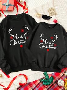 Manfinity Homme 时尚休闲圣诞鹿图案印花宽松落肩圆领套头羊毛运动衫 - 黑色 - 查看 1