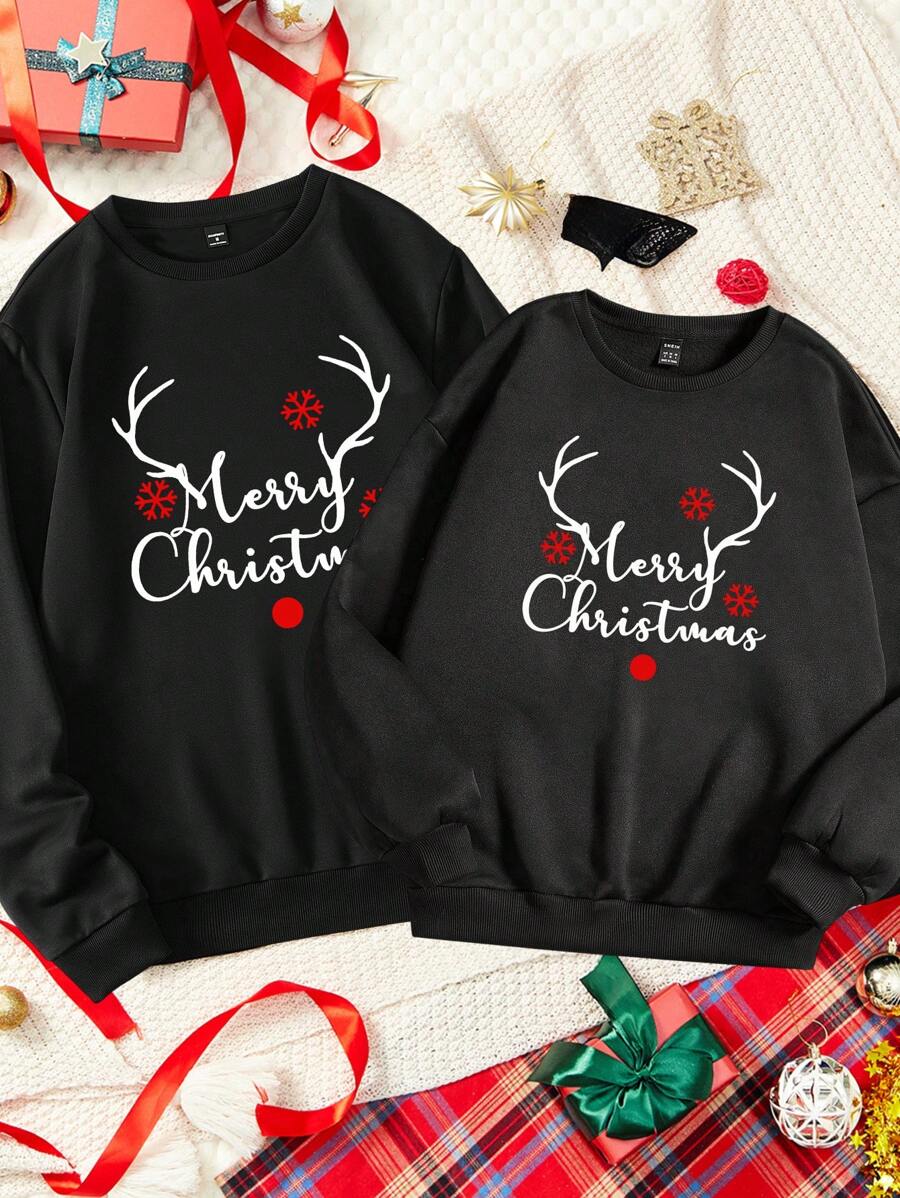 Manfinity Homme 时尚休闲圣诞鹿图案印花宽松落肩圆领套头羊毛运动衫 - 黑色 - 查看 1