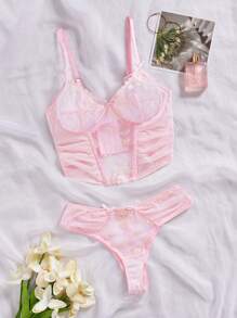 Bộ đồ lót gợi cảm thêu hoa lãng mạn cho nữ, kết hợp lưới nhún - Màu Hồng baby - Xem 6