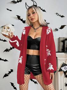 SHEIN Unity 女士冬季可爱鬼魂印花前开襟万圣节开衫 - 紅色 - 查看 3