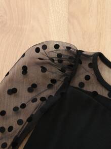 SHEIN Baby Girl Long Sleeve Polka Dot Mesh Contrast Knitted Bodysuit - Black - View 3