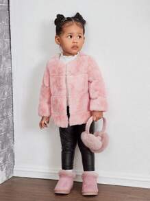 SHEIN 1pc Baby Girl Warm Fluffy Long Sleeve Coat, Pink, Autumn/Winter - Pink - View 7
