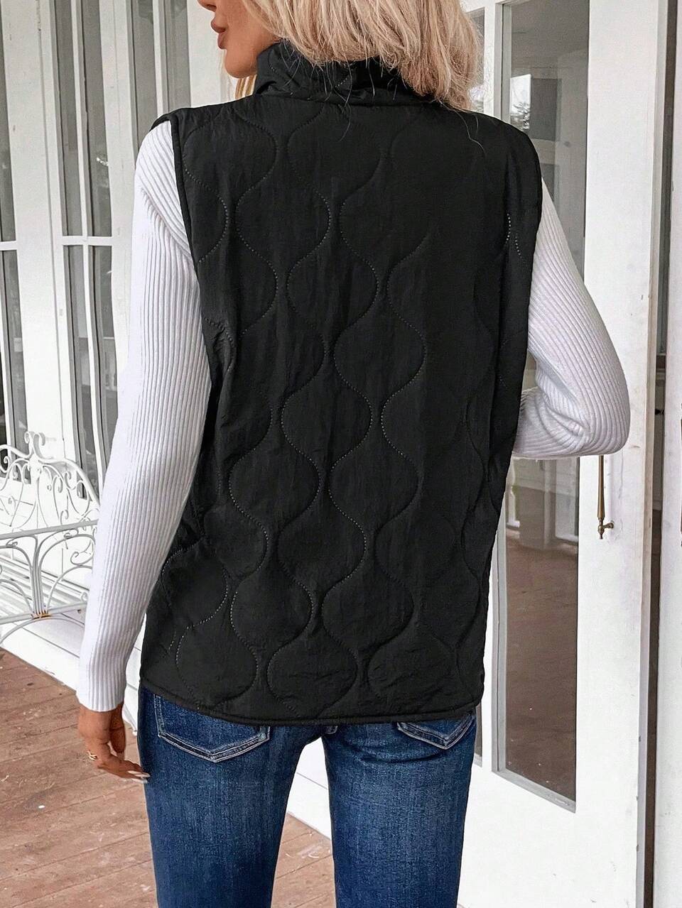 Women's Solid Color Stand Collar Zip Front Sleeveless Casual Padded Coat For Winter