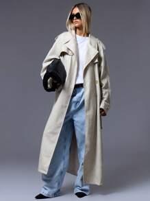 MUSERA PU Leather Lapel Collar Buckle Belted Trench Coat - Apricot - View 4