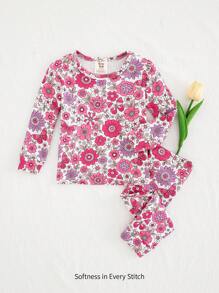 Cozy Pixies 2 件装女婴花卉印花针织柔软圆领长袖上衣和长裤贴身睡衣套装