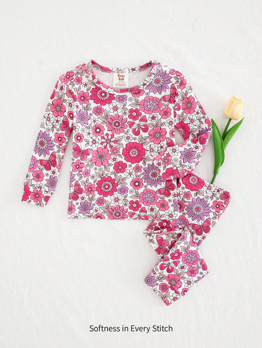 Cozy Pixies 2 件装女婴花卉印花针织柔软圆领长袖上衣和长裤贴身睡衣套装