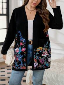 SHEIN LUNE Plus Size Floral Print Elegant Knitted Long Sleeve Cardigan - Black - View 6