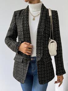 Chiquease 女士优雅格子有领西装外套，长袖，适合通勤，秋冬季 - 黑色 - 查看 1