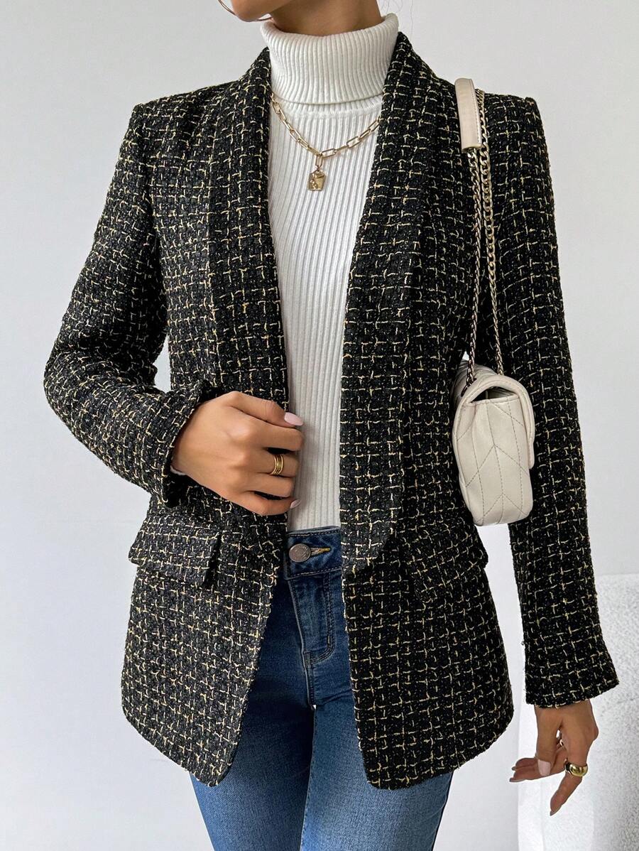 Chiquease 女士优雅格子有领西装外套，长袖，适合通勤，秋冬季 - 黑色 - 查看 1