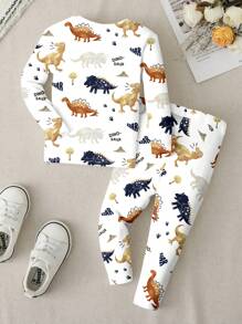 SHEIN 男婴休闲可爱卡通恐龙印花修身长袖圆领睡衣裤套装，适合秋冬季穿着