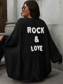 SHEIN LUNE 大码女式字母图案蝙蝠袖宽松休闲开衫，秋冬 - 黑色 - 查看 5