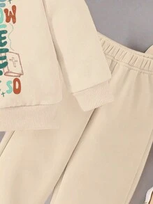 男婴休闲创意彩色字母图案印花套头衫和慢跑裤套装 - 卡其色 - 查看 4