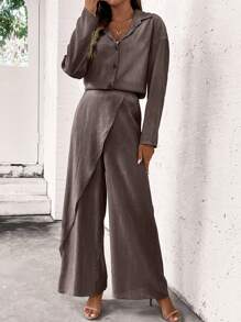 SHEIN LUNE 2 件套女士纯色宽松落肩长袖衬衫和阔腿裤休闲西装套装，春秋