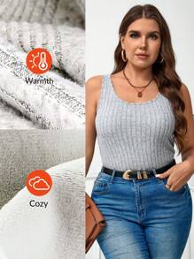 SHEIN LUNE Plus Size Women Christmas Fall And Winter Dark Grey Ribbed Fabric U Neck Base Tank Top Holiday Outfit