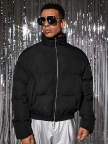 Manfinity VCAY 男士时尚休闲日常奢华修身 PU 皮革饰边加厚外套，派对时尚黑色绗缝冬季外套，适合朋友、丈夫、男朋友的礼物 - 黑色 - 查看 3