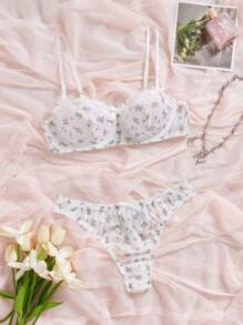 2pcs Romantic Floral Print, Lace Patchwork, Pleated, Bow Detail Women Lingerie Set - Multicolor - View 6