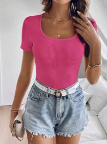 SHEIN Clasi Áo thun tay ngắn cổ tròn sọc trơn đơn giản - Màu Hồng Tươi - Xem 4