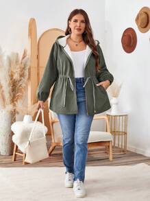 SHEIN LUNE Plus Size Drawstring Hooded Long Sleeve Fleece Casual Loose Lightweight Coat Winter Women Fuzzy Winter Hoodie Green Holiday - Army Green - View 5