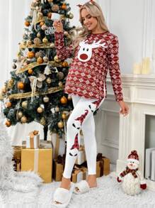 SHEIN Maternity Adjustable Waist Casual Christmas Cartoon Print Leggings - White - View 3
