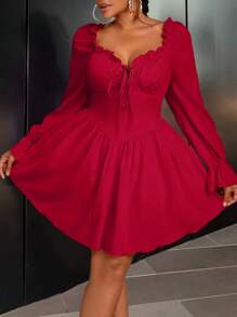 Rometta Lady's Red Christmas New Year Long-Sleeved Dress With Ruffled Decoration - Red - View 6