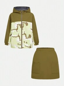 SHEIN Girls' Outdoor Sports Hiking Camping Boating Water-Resistant Camo Print Woven Sets - Khaki - View 3