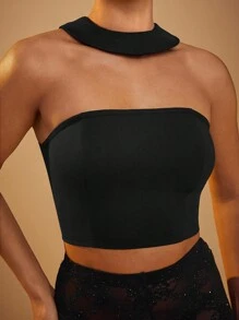 Hauture Top halter recortado y ajustado de unicolor a la moda - Negro - Ver 4