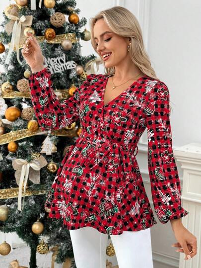 SHEIN Pregnant Women Christmas Plaid Print Lantern Sleeve V-Neck Casual T-Shirt, For Maternity