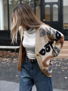 Aveloria Modichic Letter Pattern Button Through Cardigan Oversized Sweater ,Long Sleeve Tops - Multicolor - View 4