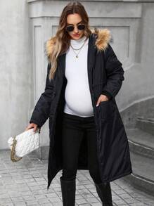 SHEIN Maternity Winter Casual Drawstring Waist Patch Pocket Fluffy Hooded Long Coat - Black - View 4