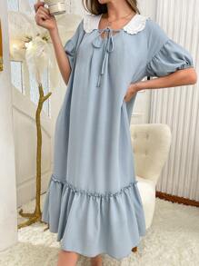 Camisón oversize de manga corta con lazada en la cintura y volantes de color contrastante - Multicolor - Ver 5