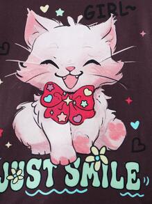 2pcs Tween Girl Cute Cat Pattern Long Sleeve Top And Leopard Cat Print Pants Homewear Set - Multicolor - View 6