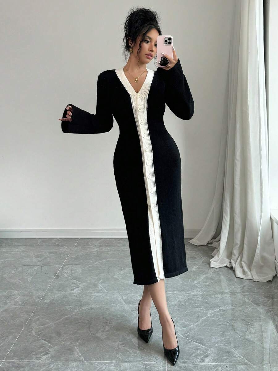 Chiquease Women's Color Blocking Front Button Bell Sleeve Sweater Dress Fall Cloth For Women - Black - View 1