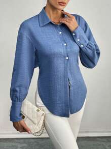 SHEIN Unity Women's Bow Back Long Sleeve Blouse - Dusty Blue - View 2