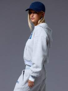MUSERA Cropped Letter Zip Up Hoodie - Light Grey - View 2