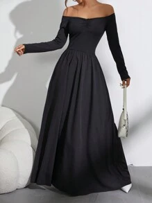 SHEIN Black Friday x Star Picks SHEIN Unity Gaun Off-Shoulder Minimalis Elegan Lengan Panjang Warna Polos dengan Detail Kerut, Kasual untuk Pemakaian Sehari-hari - Hitam - View 4