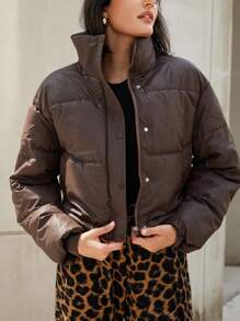 Aveloria Modichic 野鸭立领夹棉大衣，女士秋冬时尚夹棉保暖聚酯纤维合成保暖冬季大衣冬季夹克外套，今年流行 - 棕色 - 查看 1